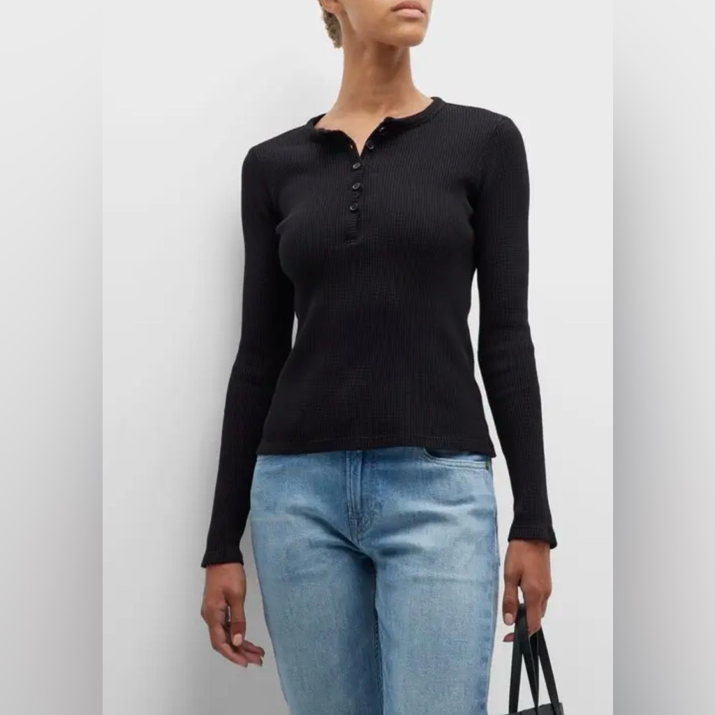 Monrow Women's Black Waffle Henley Top Small Nwt